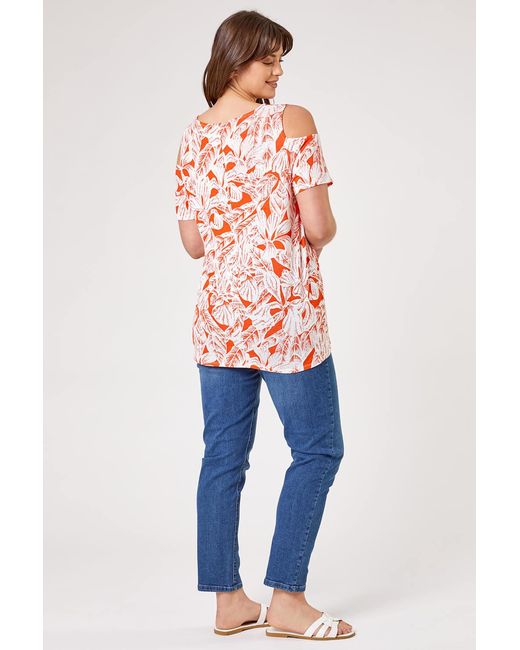 Roman Curve Orange Leaf Print Cold Shoulder Jersey Top