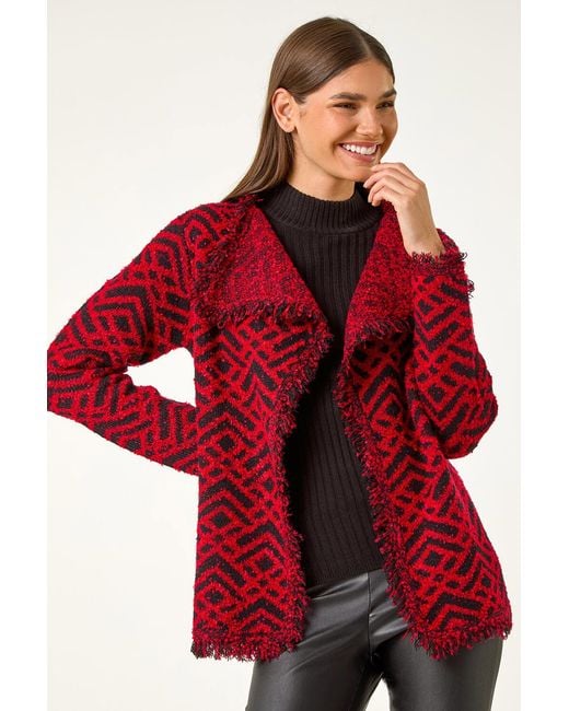 Roman Geometric Fringe Collared Cardigan