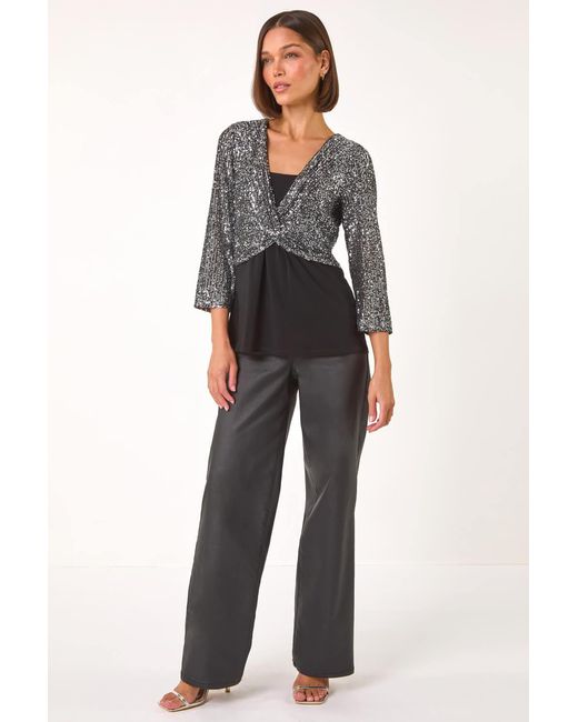 Roman Gray Sequin Bodice V-Neck Stretch Top