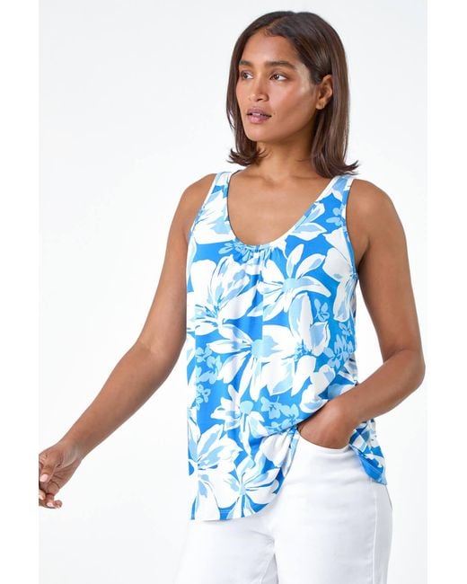 Roman Blue Sleeveless Floral Print Stretch V-Neck Vest