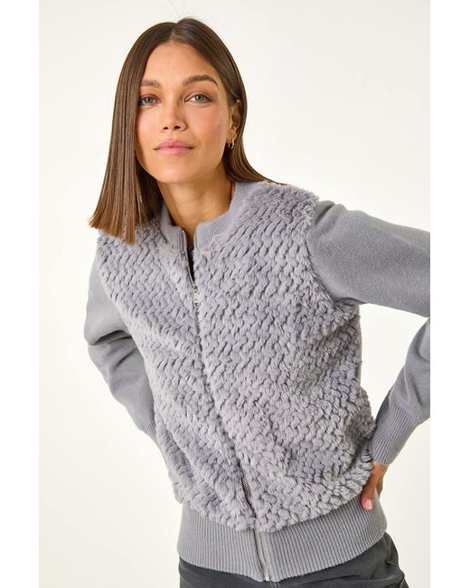 Roman Gray Faux Fur Funnel Neck Zip Jacket