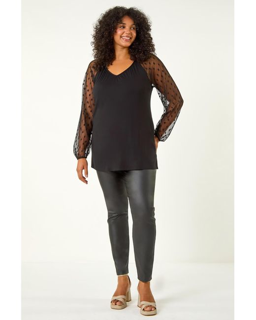 Roman Curve Black Mesh Spot Sleeve Top