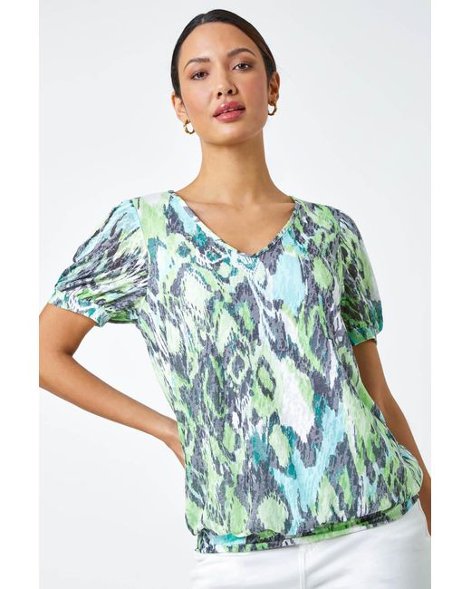 Roman Blue Animal Burnout Print V-Neck Blouson Top