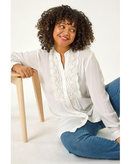 Roman Curve White Lace Trim Pintuck Blouse