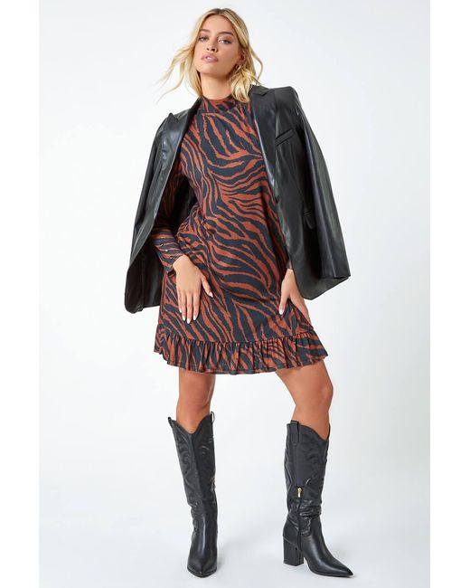 D.u.s.k Black Tiger Print Frill Hem Mesh Dress