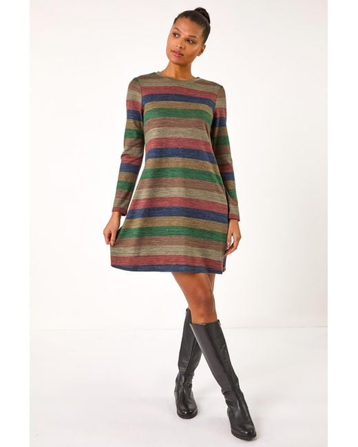 Roman Blue Stripe Print Side Button Shift Dress