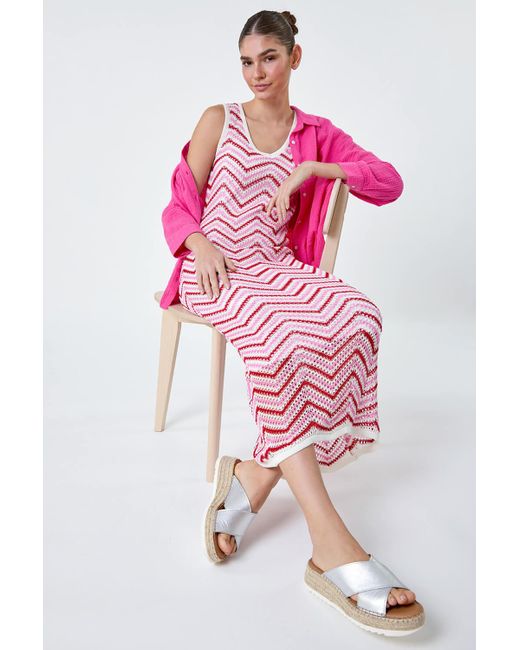 Roman Pink Zig Zag Crochet Knit Midi Dress
