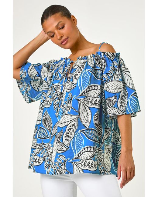 Roman Blue Leaf Print Cold Shoulder Bardot Top