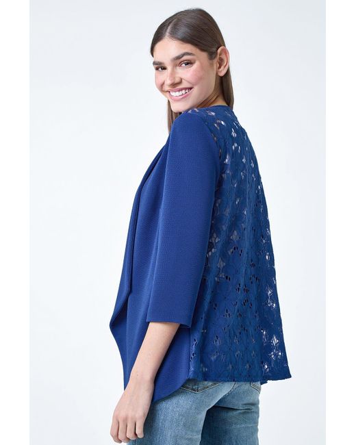 Roman Blue 3/4 Sleeve Lace Back Waterfall Jacket