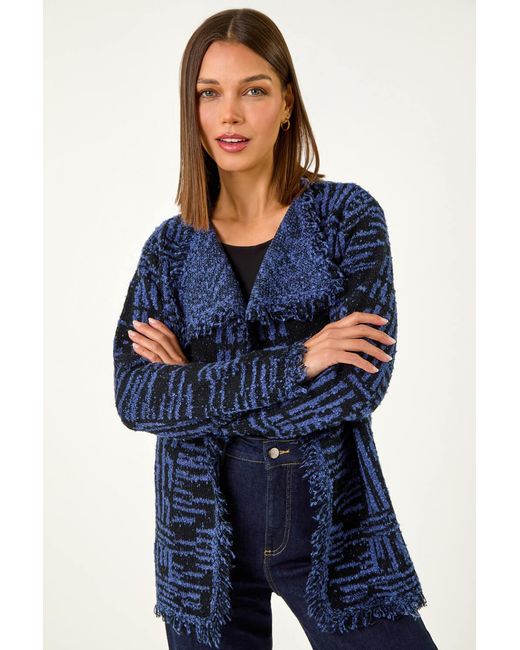 Roman Blue Textured Fringe Collar Detail Cardigan