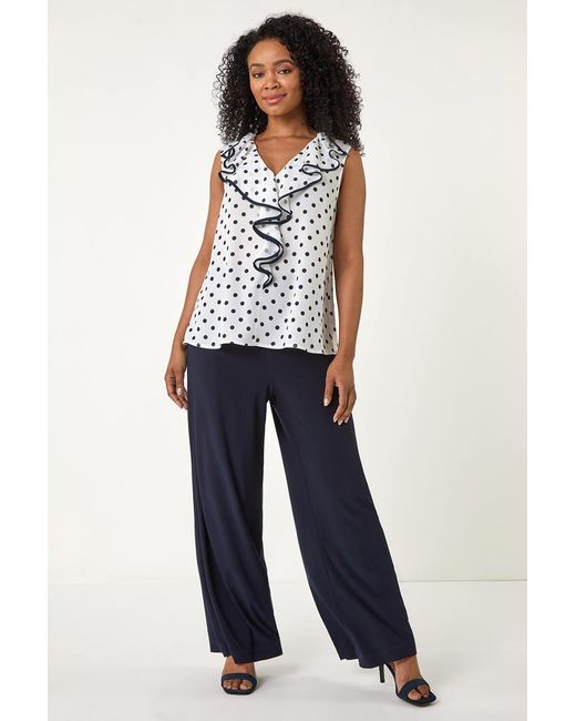 Roman Petite White Contrast Spot Print Frill Top