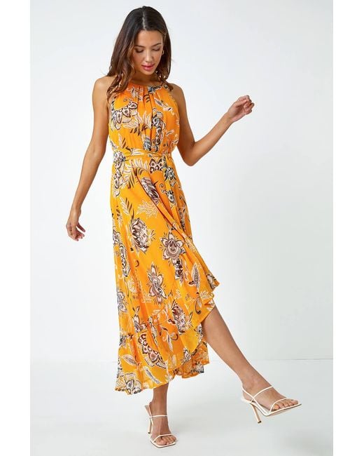 Roman Orange Sleeveless Floral Halter Neck Midi Dress