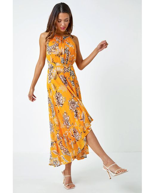 Roman Orange Sleeveless Floral Halter Neck Midi Dress