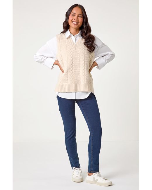 Roman Petite Blue V-Neck Cable Knit Sleeveless Vest