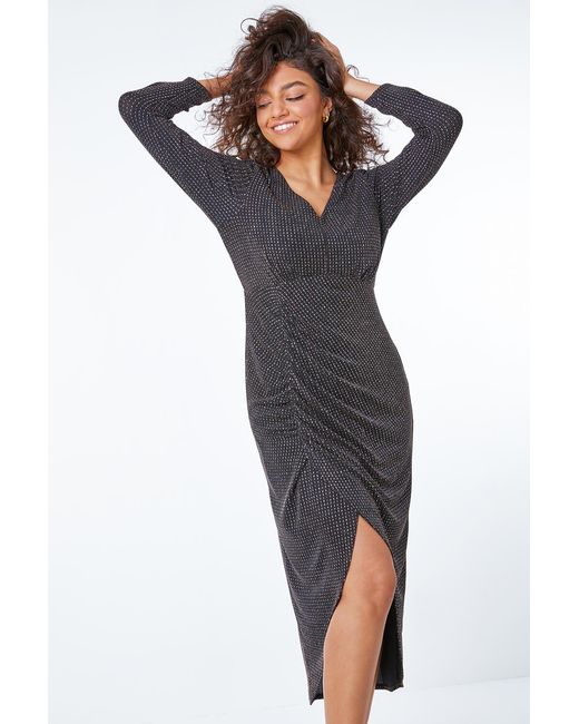 Roman Petite Gray Ruched Glitter Midi Dress