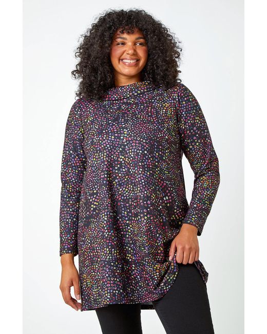 Roman Curve Purple Roll Neck Ditsy Stretch Tunic Top