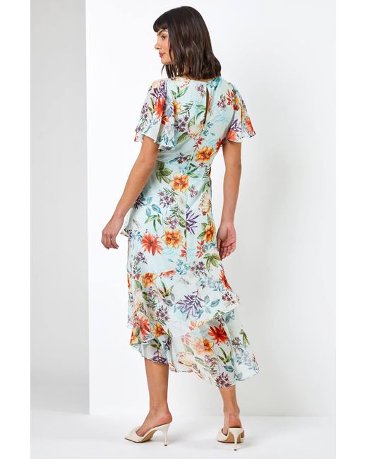 Roman Multicolor Floral Chiffon Frill Tiered Midi Wrap Dress