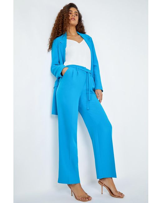Roman Blue Crepe Stretch Straight Leg Trousers