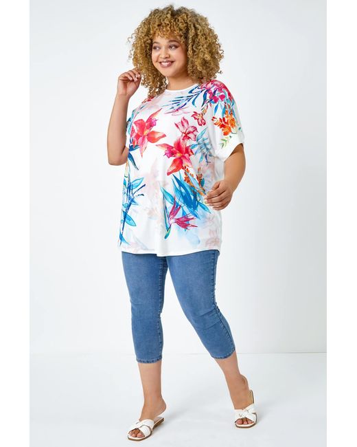 Roman Curve Blue Floral Print T-Shirt