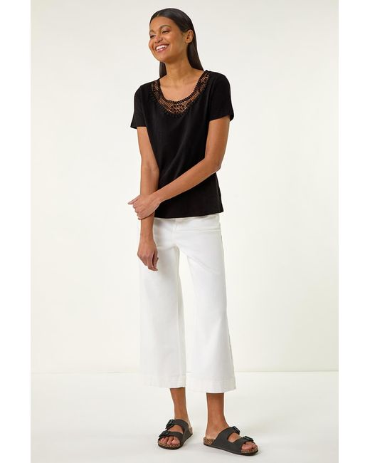 Roman Black Lace Neck Trim Stretch Top