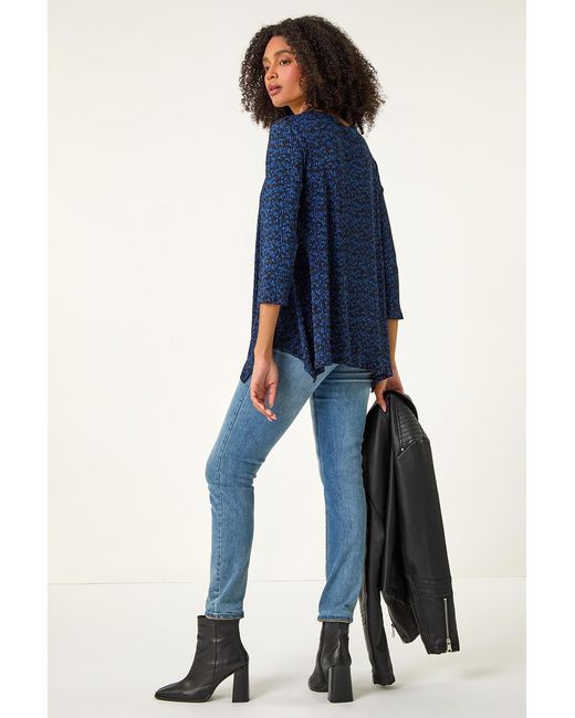 Roman Blue Printed Plisse Hanky Hem Tunic Stretch Top