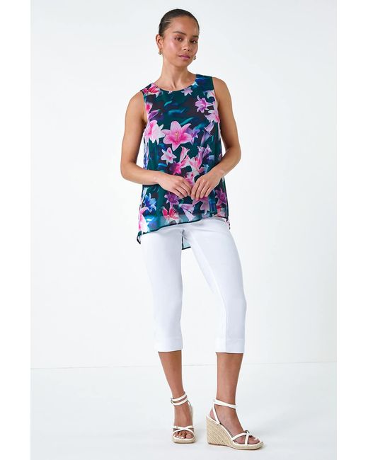 Roman Petite Blue Sleeveless Floral Print Top