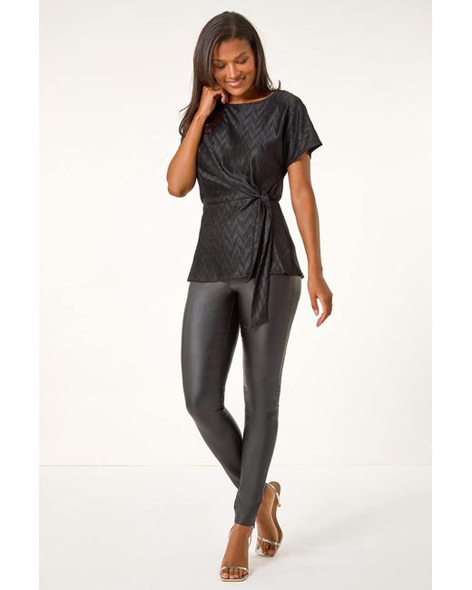 Roman Black Textured Side Tie Tunic Top