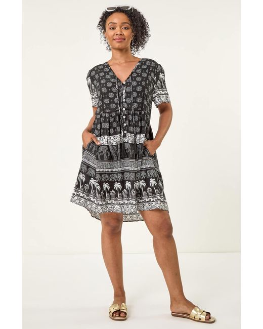 Roman Petite Gray Elephant Print Smock Dress
