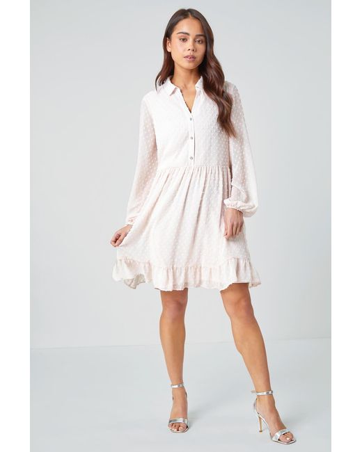 Roman Petite White Textured Spot Tiered Frill Hem Dress