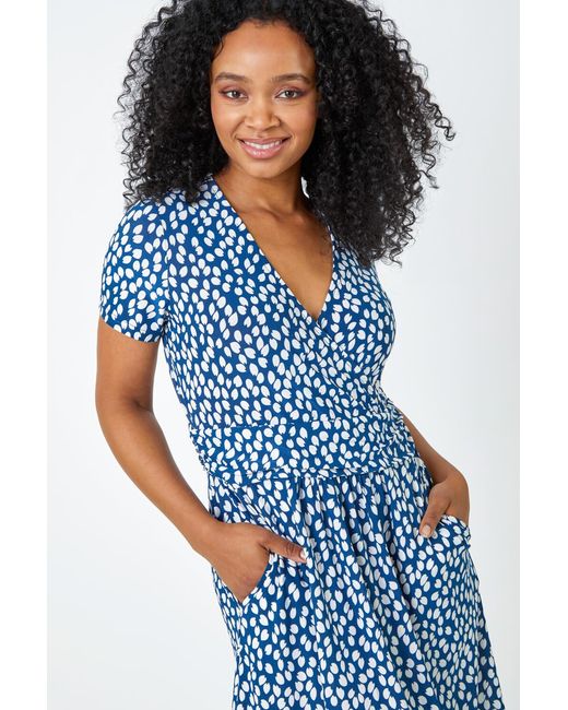 Roman Petite Blue Spot Print Stretch Wrap Dress
