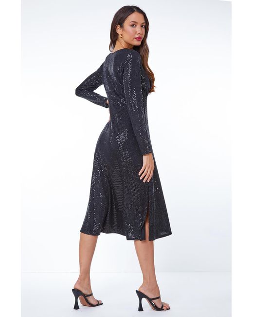 Roman Blue Sequin Keyhole Detail Ruched Midi Dress