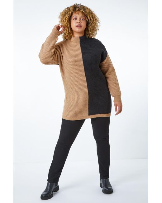 Roman Curve Black Colourblock High Neck Longline Jumper