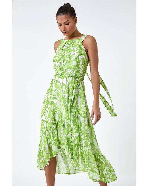 Roman Green Halter Neck Butterfly Print Asymmetric Dress