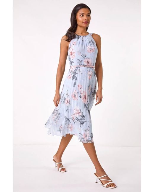 Roman White Floral Pleated Halter Midi Dress