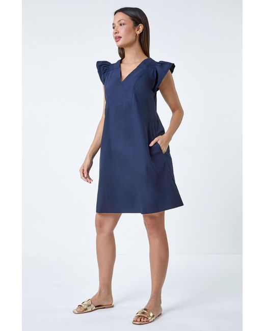 Roman Blue Plain Cotton Frill Sleeve Pocket Dress