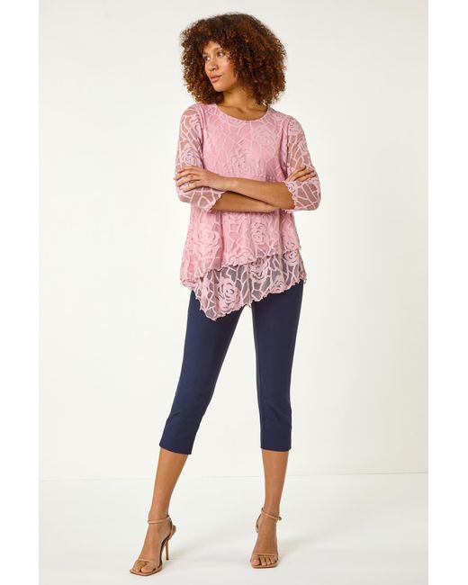 Roman Pink Burnout Rose Detail Asymmetric Top
