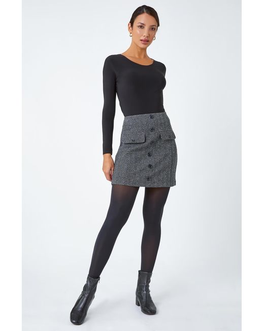 Roman Gray Tweed Look Button Elastic Waist Stretch Skirt