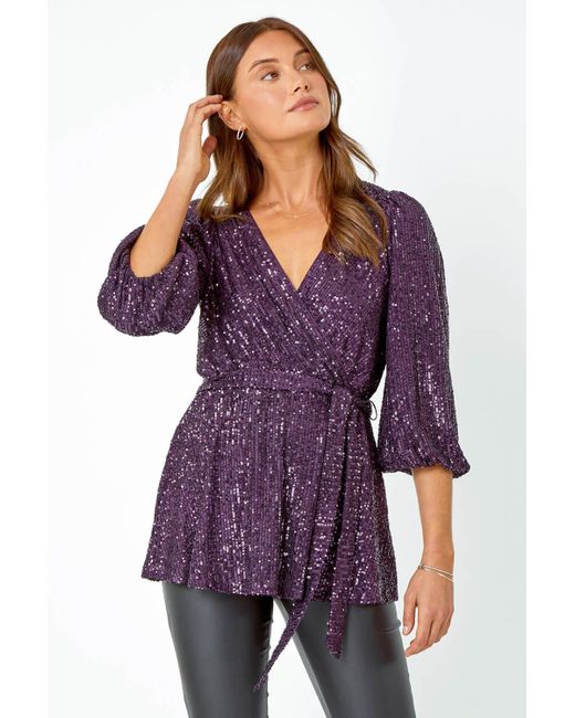 Roman Purple Embellished Sequin Stretch Wrap Top