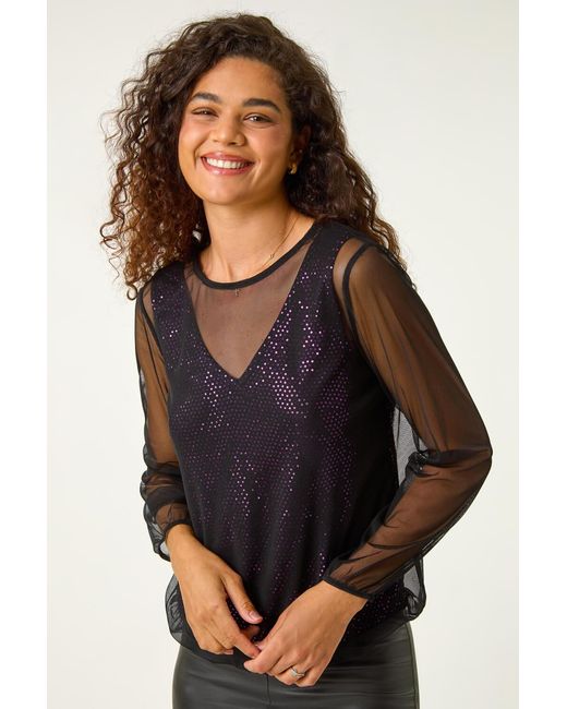 Roman Black Mesh Overlay Sparkle Top