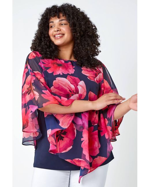 Roman Curve Red Floral Print Chiffon Overlay Top