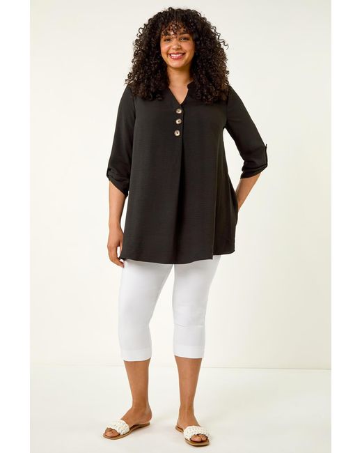 Roman Curve Black Textured Buttoned Tunic Top