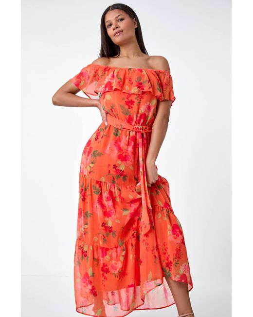 Roman Floral Tiered Bardot Belted Dress