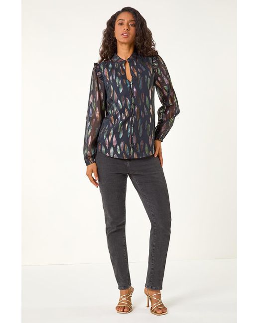 D.u.s.k Black Foil Print Tie Front Neck Top