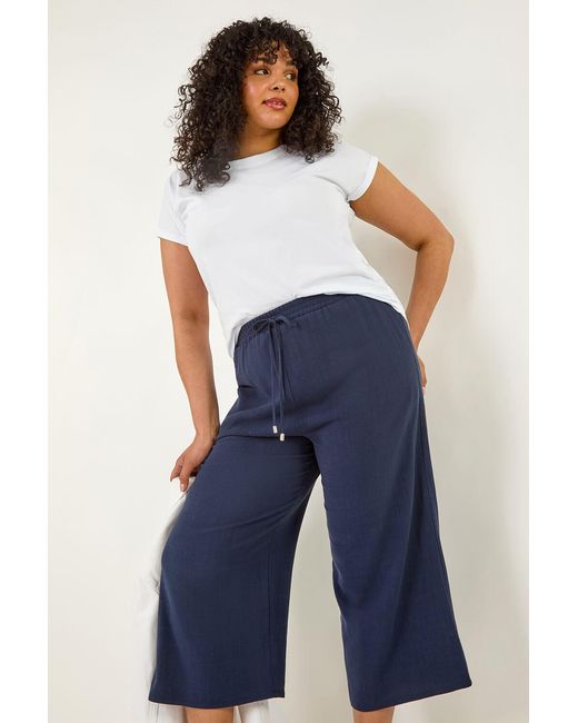 Roman Curve Blue Linen Mix Cropped Trousers