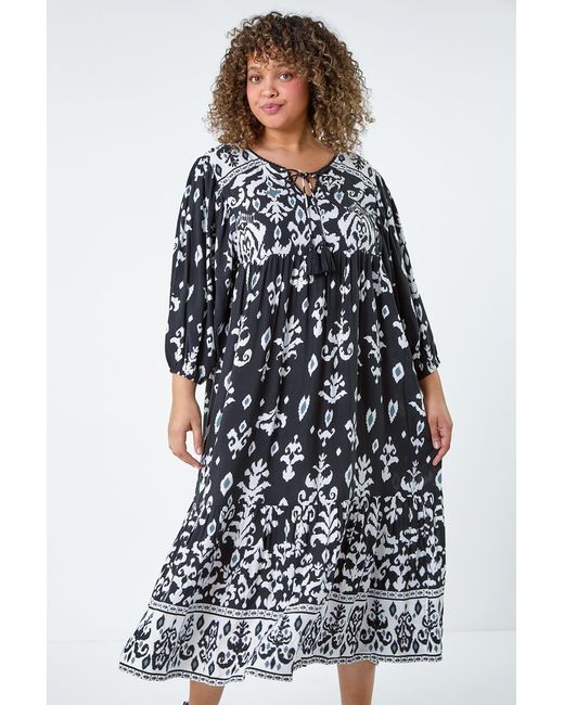 Roman Curve Blue Boho Print Tiered Midi Dress