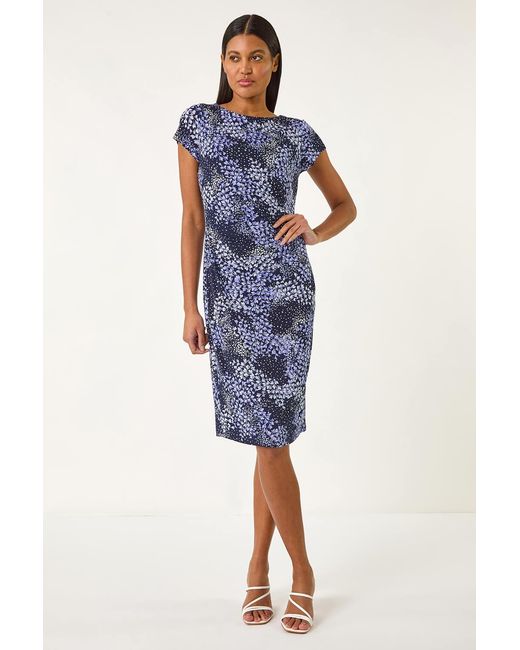 Roman Blue Floral Stretch Gathered Shift Dress
