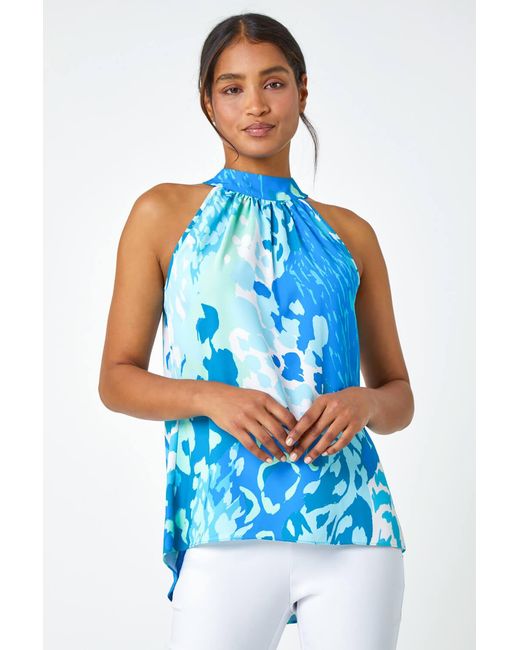 Roman Blue Animal Print Halterneck Tie Detail Top