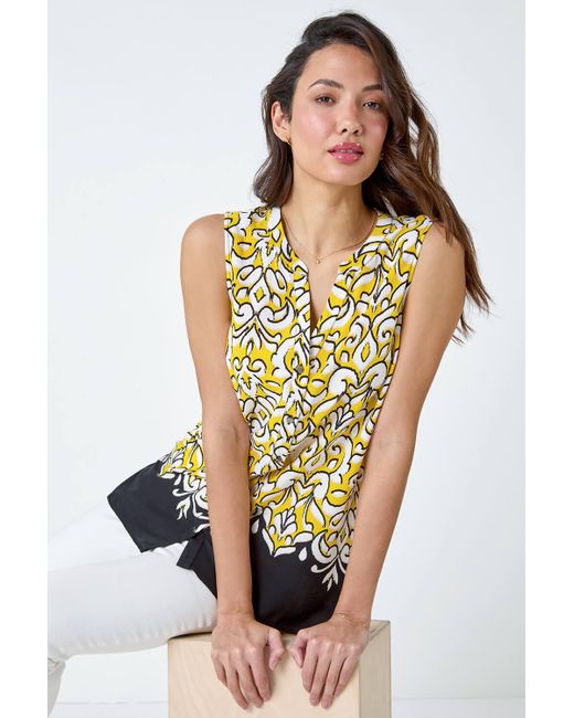 Roman Yellow Paisley Contrast Border Print V-Neck Top