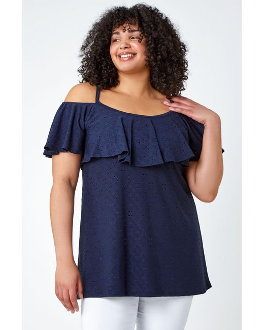 Roman Curve Blue Cold Shoulder Frill Detail Top