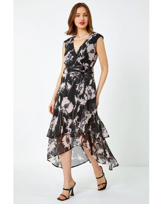 Roman Black Embellished Floral Print Tiered Midi Dress